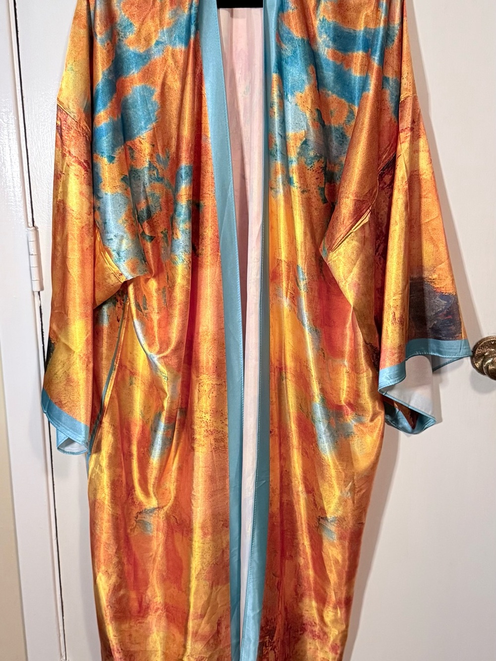 Vibrant Satin Kimono Robe in Orange & Teal